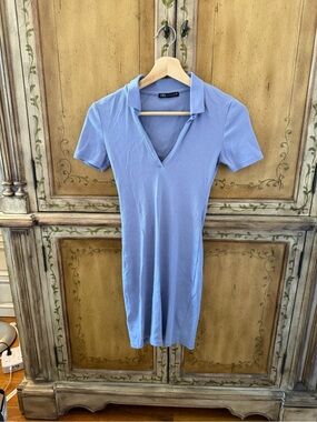 Zara Pastel Blue Ribbed Polo Top